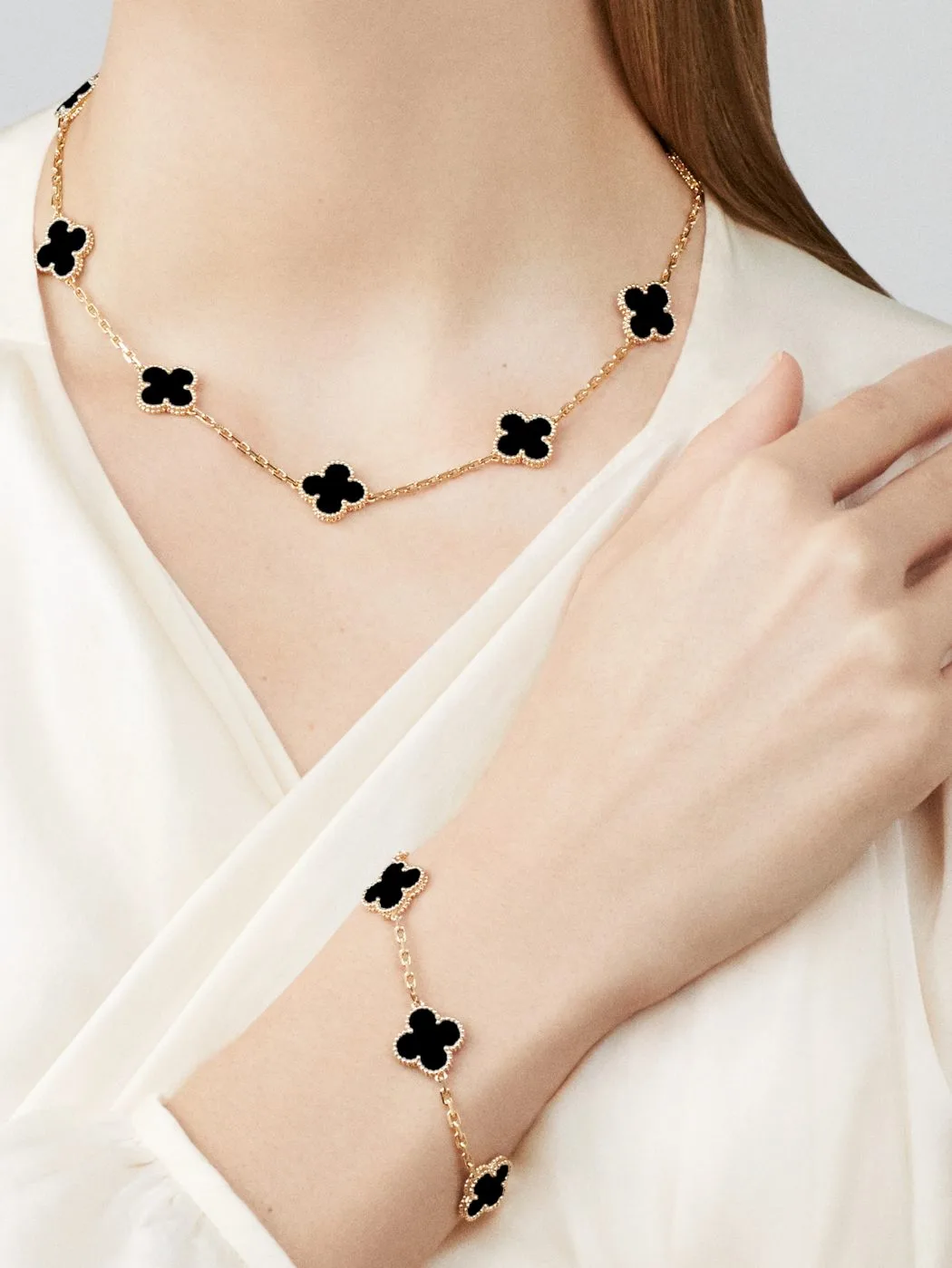 Clover Motif Statement Necklace – 10-Link 18K Yellow Gold-Plated Chain with Black Onyx Pendants - Front View