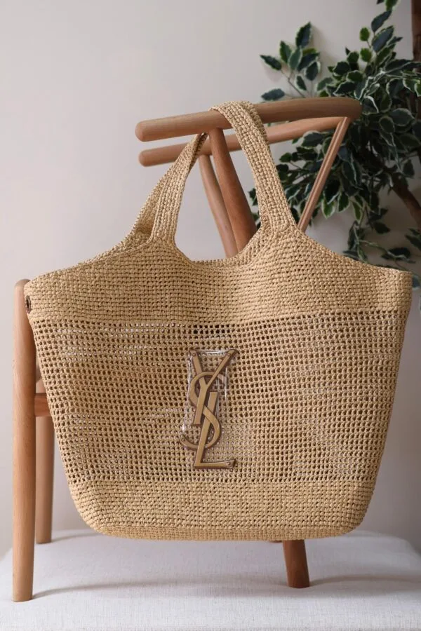 YSL Icare Maxi Cassandre crochet raffia tote bag