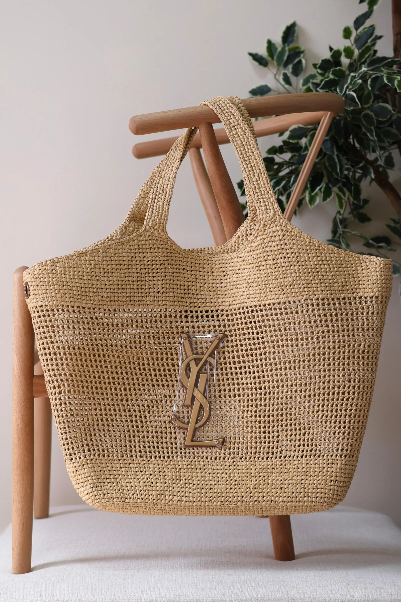 YSL Icare Maxi Cassandre crochet raffia tote bag
