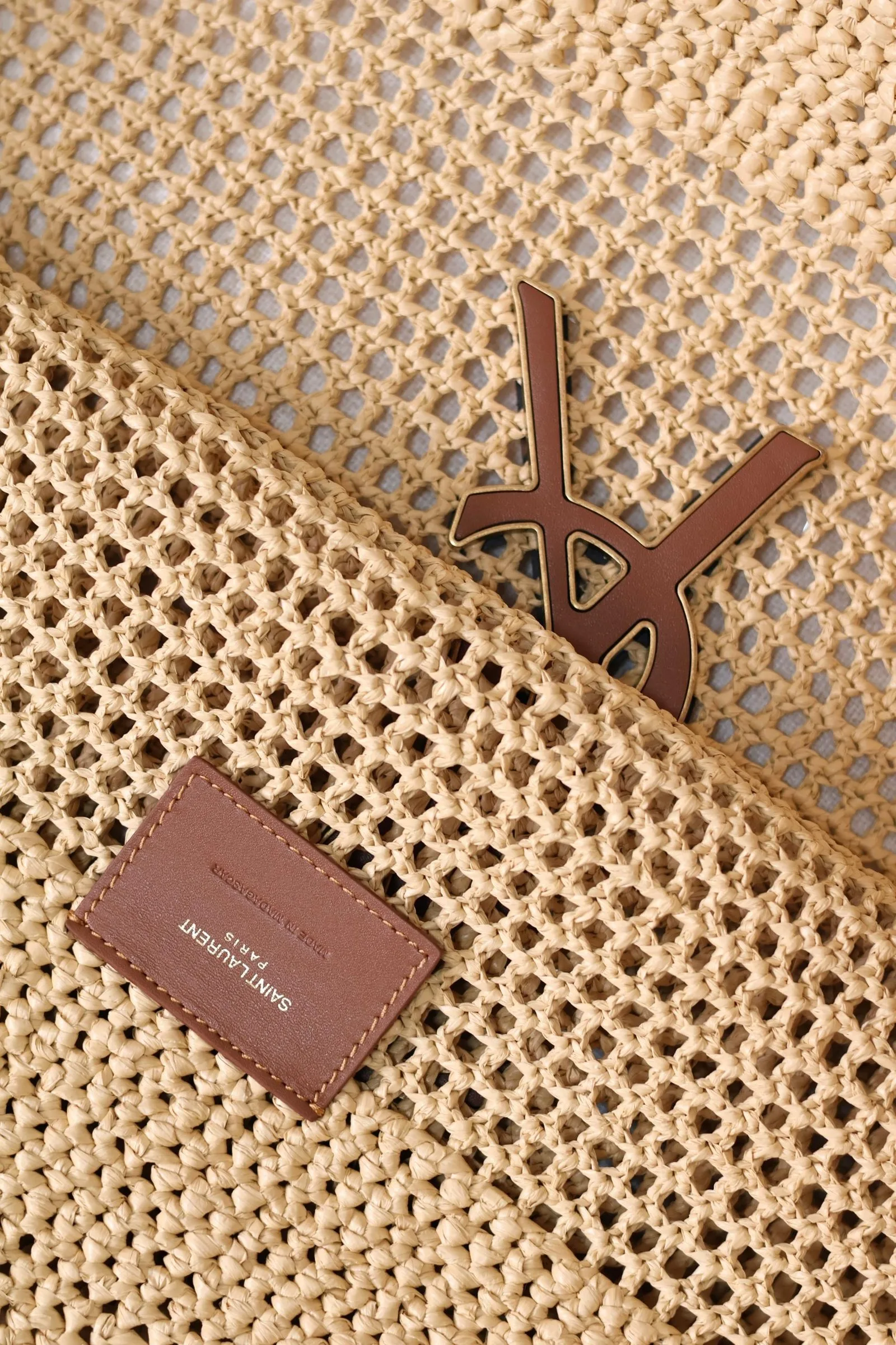 YSL Icare Maxi Cassandre crochet raffia tote bag