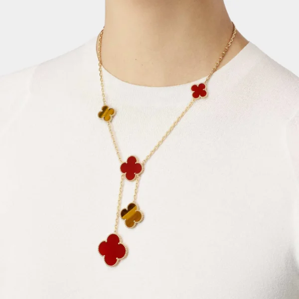 VAN CLEEF & ARPELS Magic Alhambra Necklace 6 motifs Yellow Gold Carnelian Tiger Eye