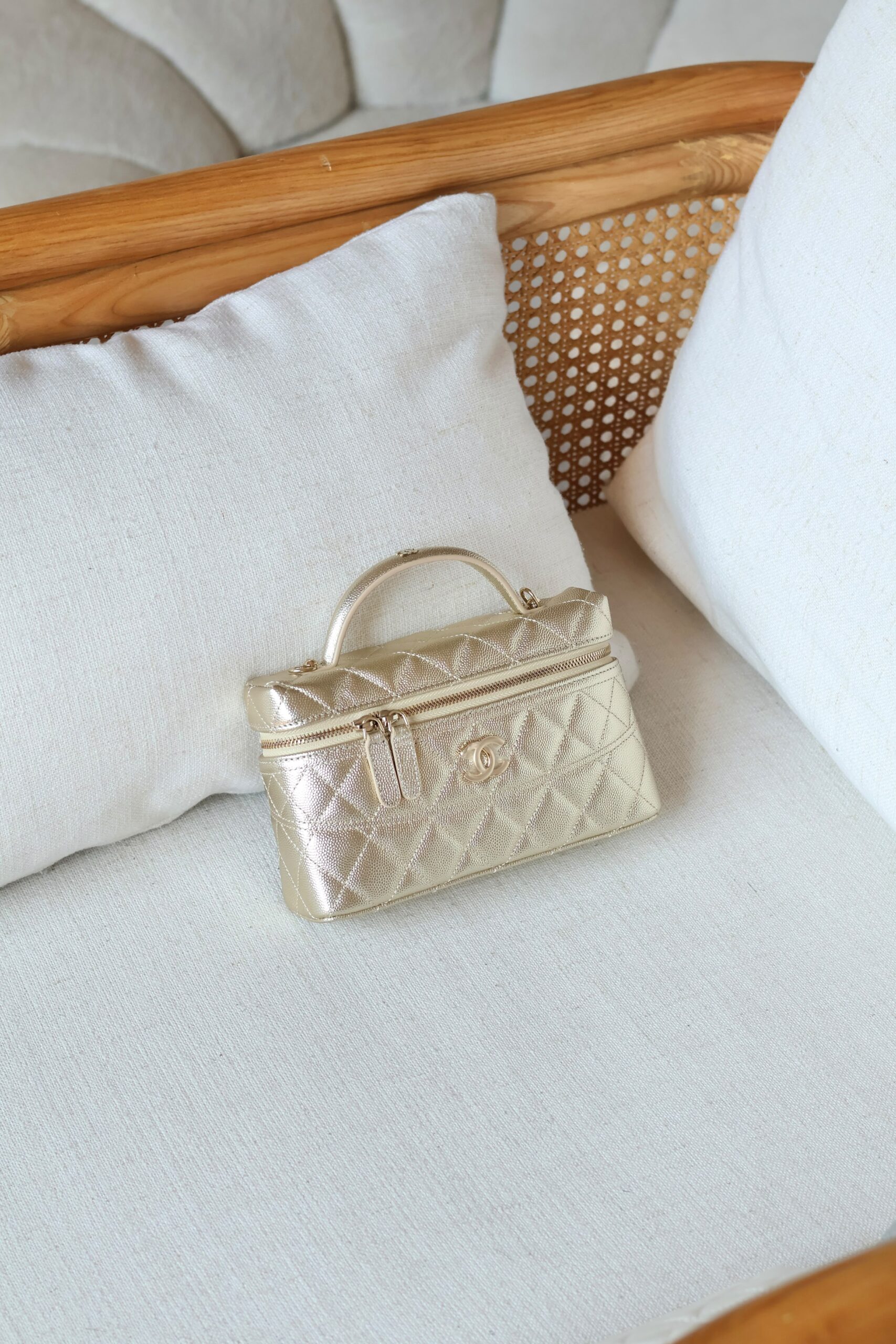 Long Vanity Bag with Chain Strap — Lambskin & Diamante - Detail Close-up