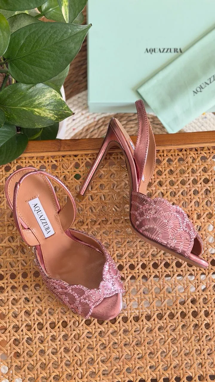 Sequin-Embroidered Scallop-Edge Mule Heel 10cm – Blue / Gold / Pink / Silver - Front View