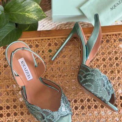 Sequin-Embroidered Scallop-Edge Mule Heel 10cm – Blue / Gold / Pink / Silver - Side View