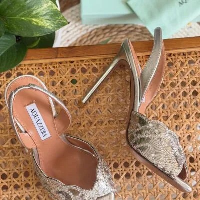 Sequin-Embroidered Scallop-Edge Mule Heel 10cm – Blue / Gold / Pink / Silver - Detail Close-up