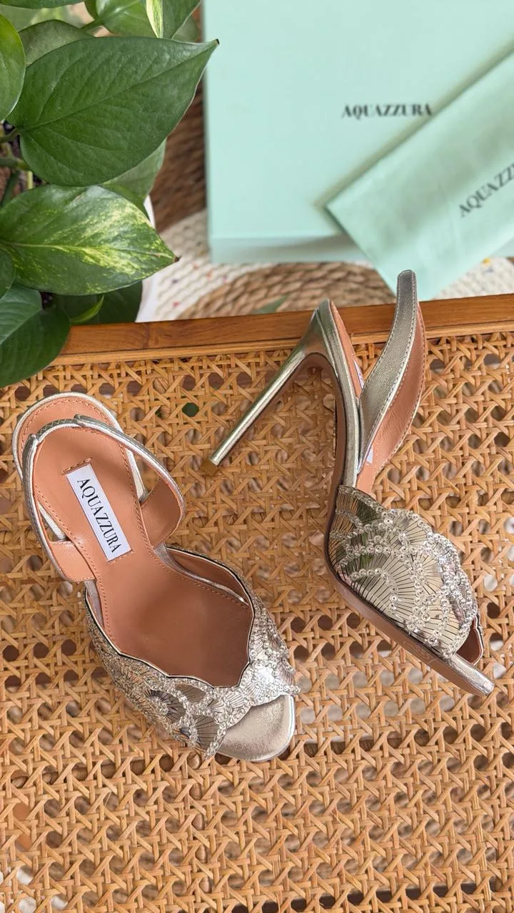Sequin-Embroidered Scallop-Edge Mule Heel 10cm – Blue / Gold / Pink / Silver - Detail Close-up