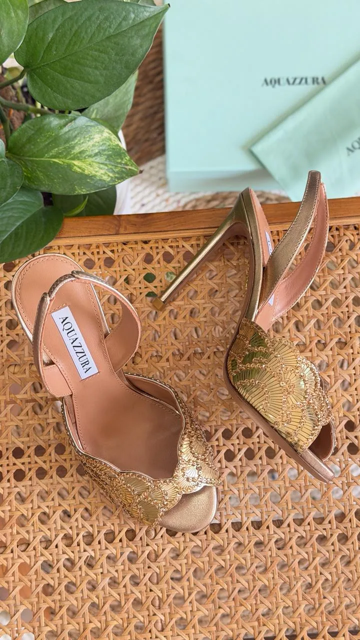 Sequin-Embroidered Scallop-Edge Mule Heel 10cm – Blue / Gold / Pink / Silver
