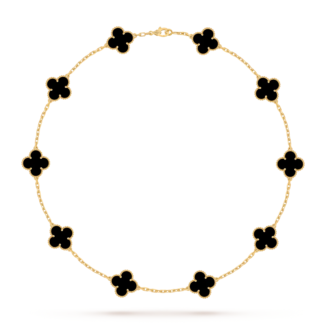 Clover Motif Statement Necklace – 10-Link 18K Yellow Gold-Plated Chain with Black Onyx Pendants - Detail Close-up