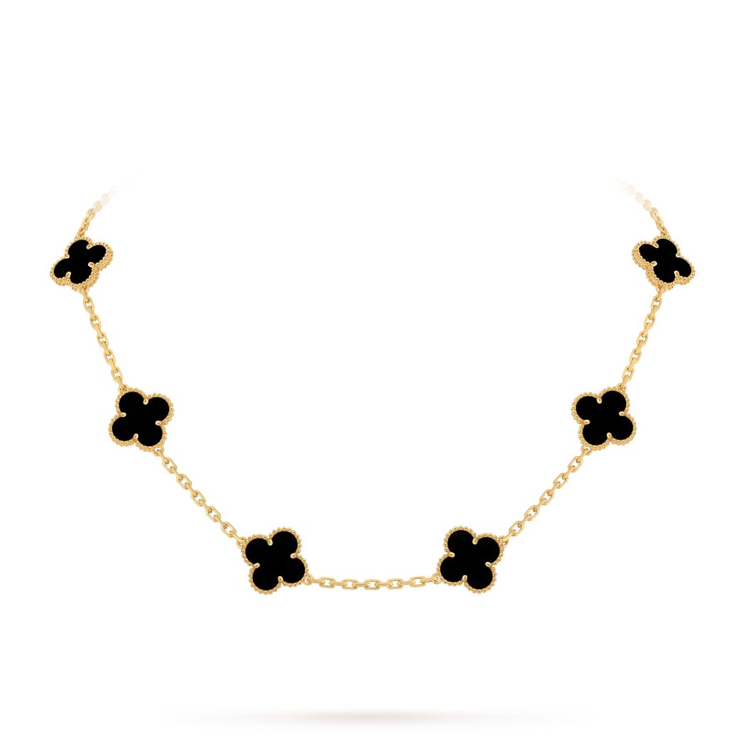 Clover Motif Statement Necklace – 10-Link 18K Yellow Gold-Plated Chain with Black Onyx Pendants